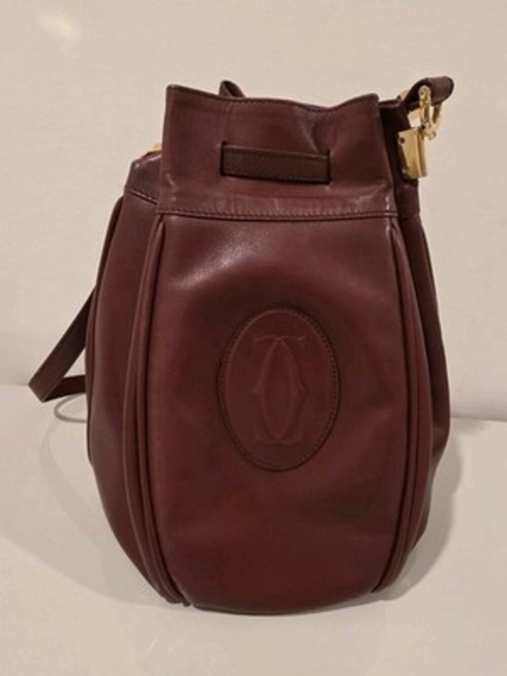 Vintage Must de Cartier Burgundy Leather Drawstring Bucket Bag Monogram